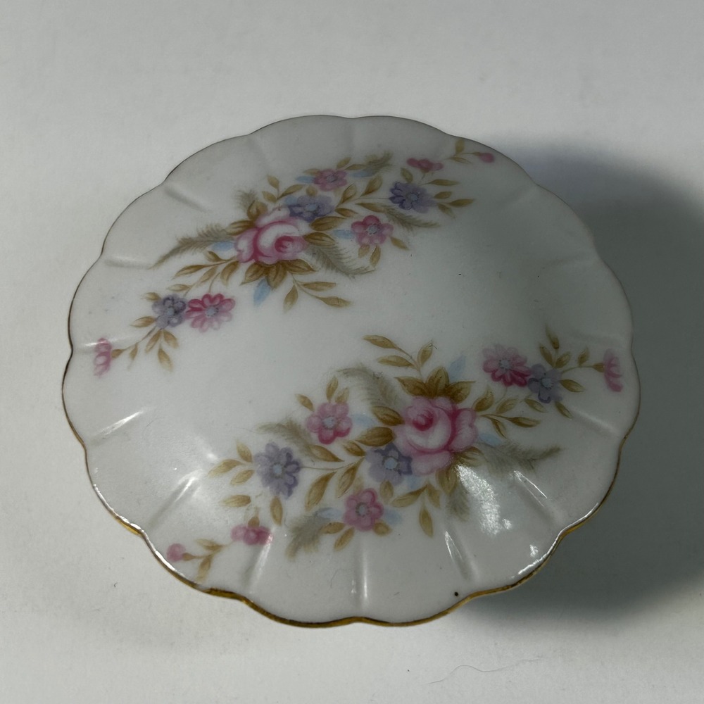 Vintage Floral Porcelain Trinket Box Gold Trim Footed Round Jewelry Dish 7055 - Picture 9 of 9